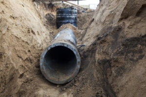 industrial plumbing pipe in a trench